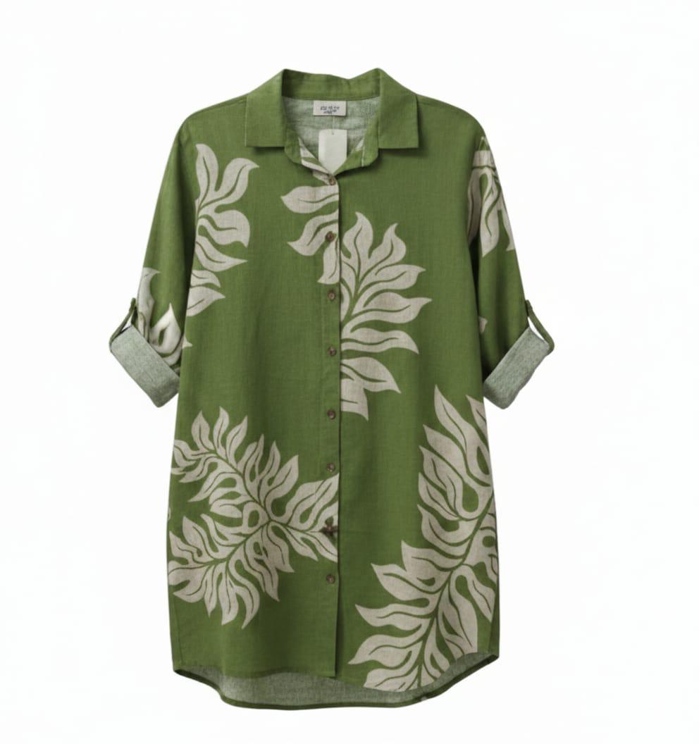 Vestido lino camisero corto estampado palmas