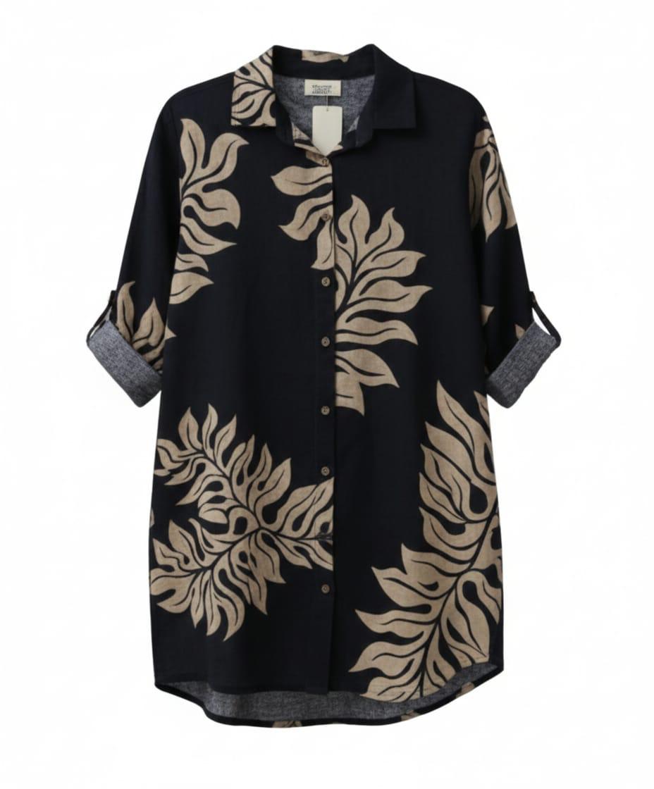 Vestido lino camisero corto estampado palmas