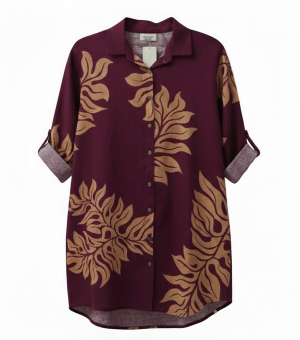 Vestido lino camisero corto estampado palmas