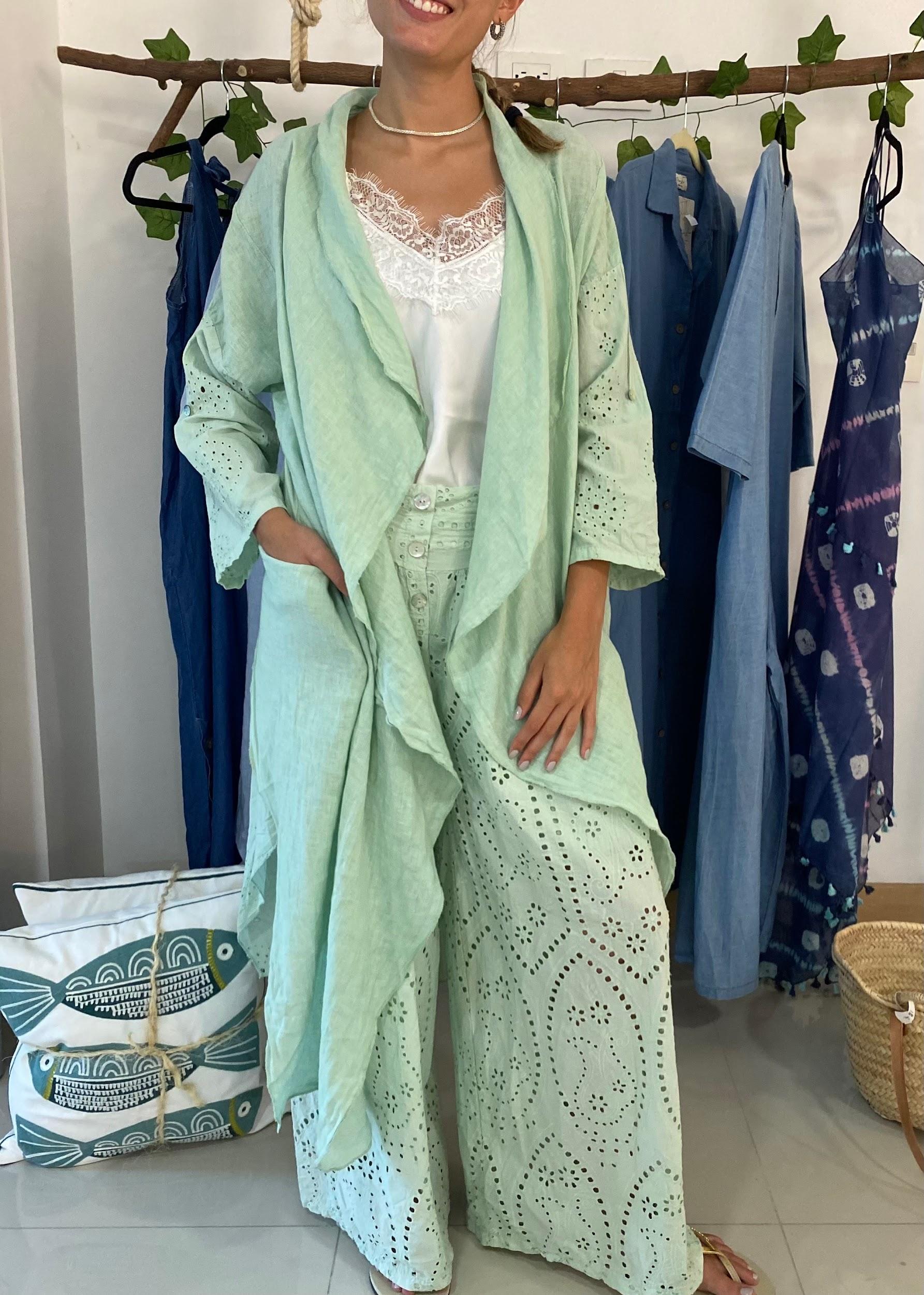 Set lino y ojalillo , kimono y pantalón