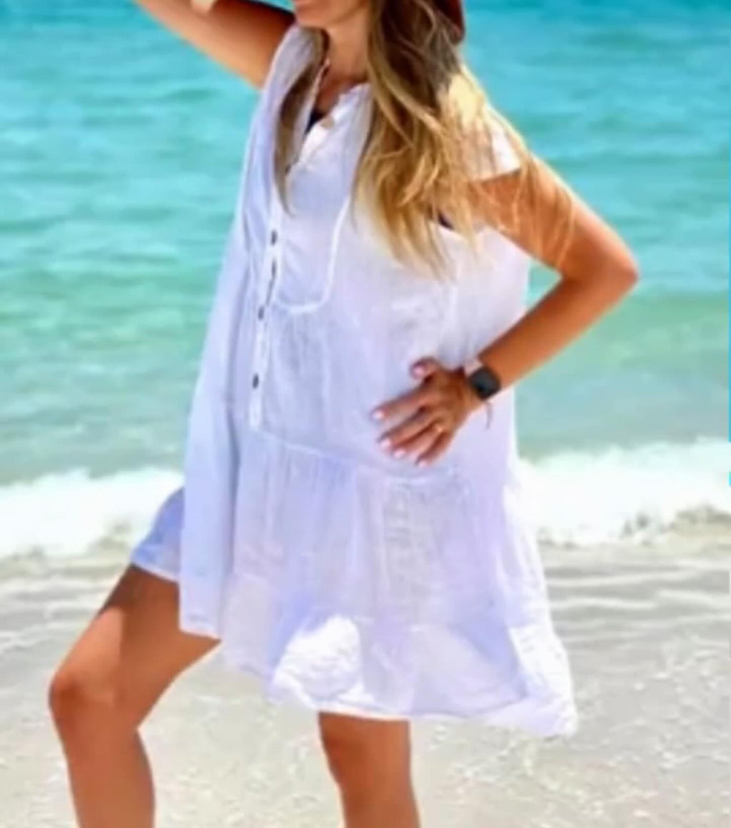 Vestido lino corto manga cap