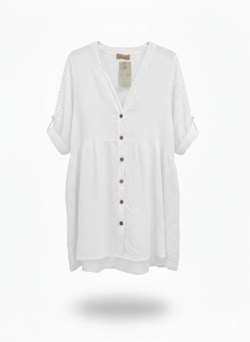 Vestido lino corto manga ojalillo