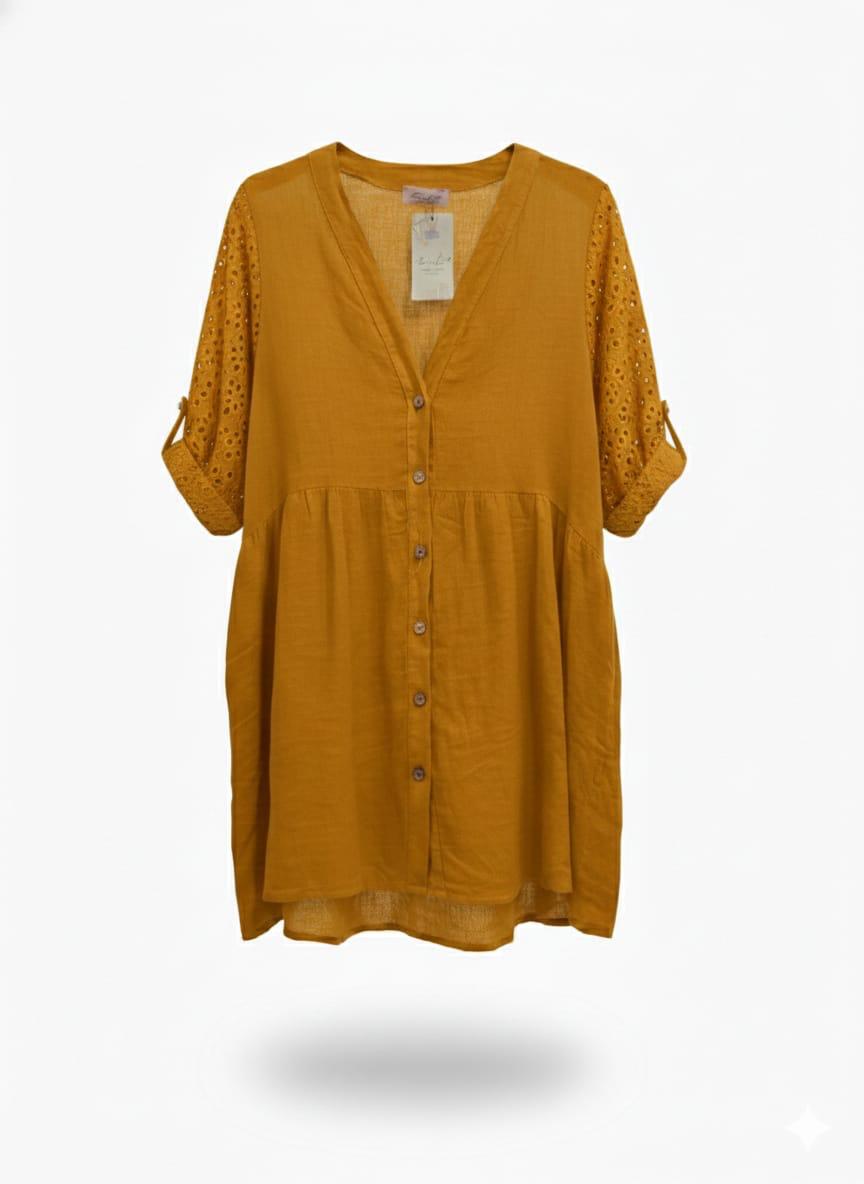 Vestido lino corto manga ojalillo