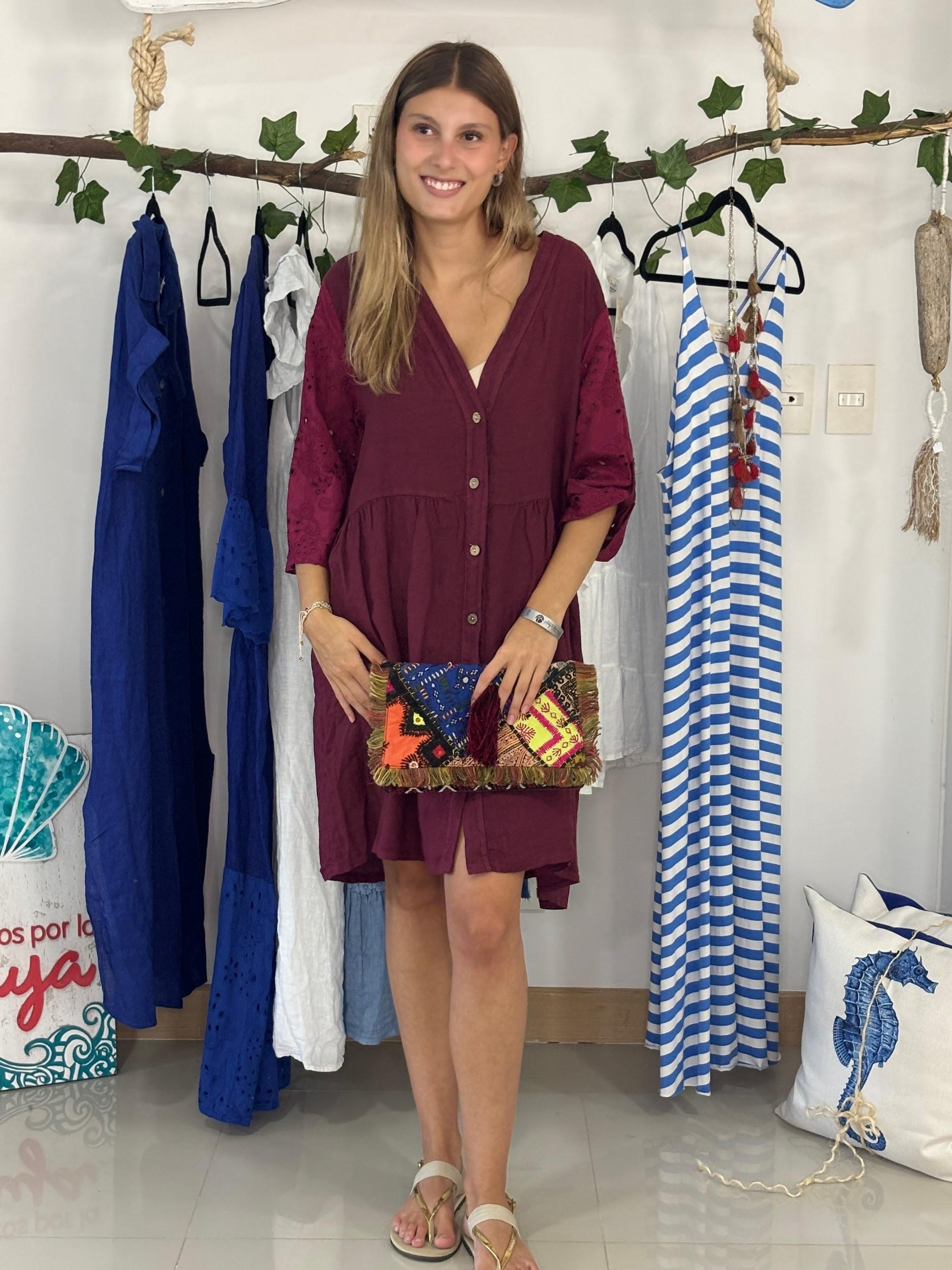 Vestido lino corto manga ojalillo