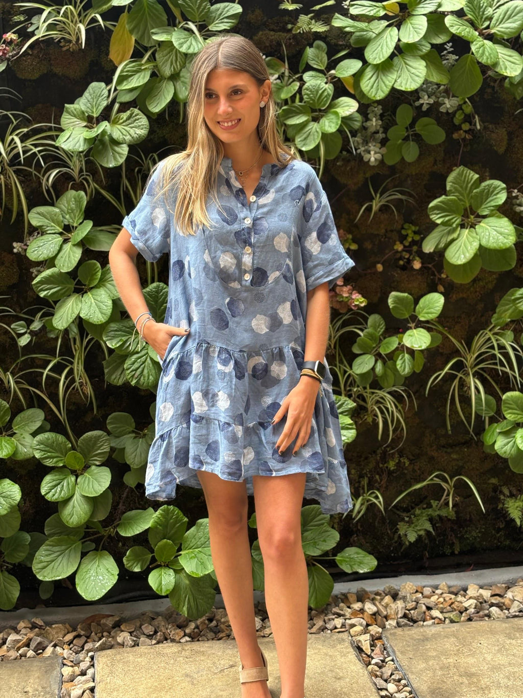 Vestido lino corto manga