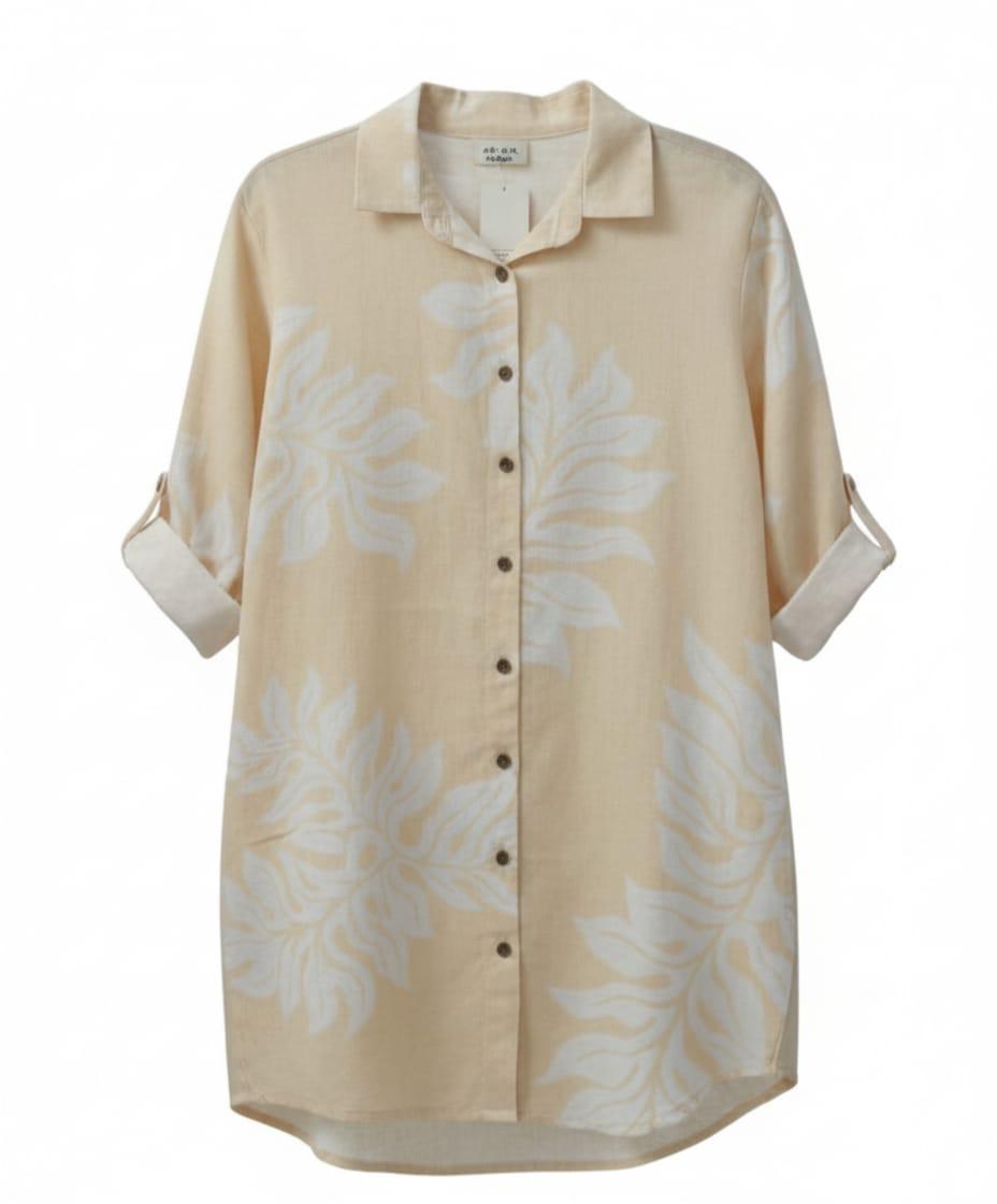 Vestido lino camisero corto estampado palmas